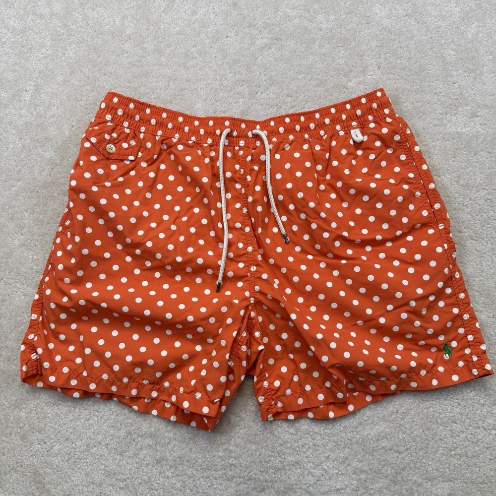 Polo Ralph Lauren Swim Trunks Mens XXL Orange White Polka Dots Mesh Lining
